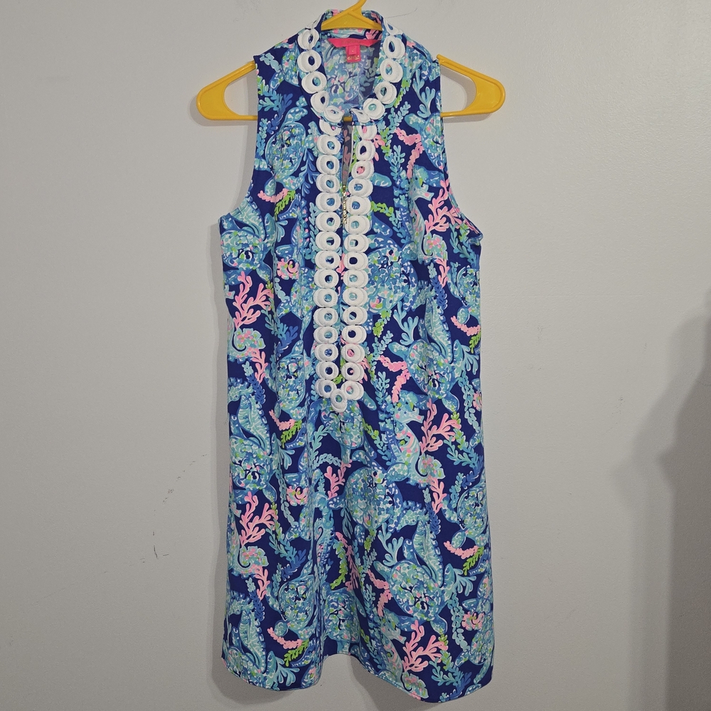 M#83 Lilly Pulitzer Size 2 Turtle Villa Dress Corsica Blue Collar Zip Front